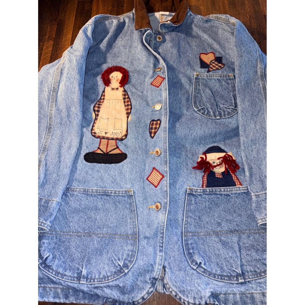 Vintage Raggedy Ann and Andy Denim Chore Jacket Corduroy Collar Large Blue